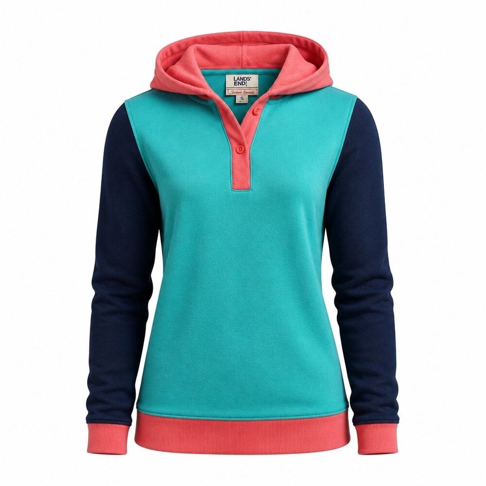 Lands End Serious Sweats Hoodie Colorblock Henley Blue Green Sweatshirt Size M